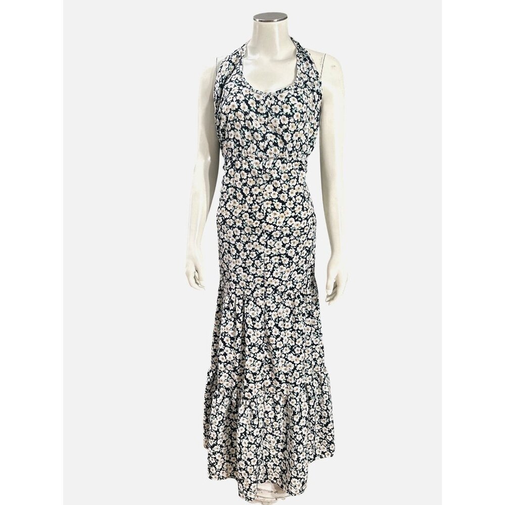 Pretty Garden M Navy White Floral Halter Backless Tiered Ruffle Maxi Boho Dress - Picture 2 of 11